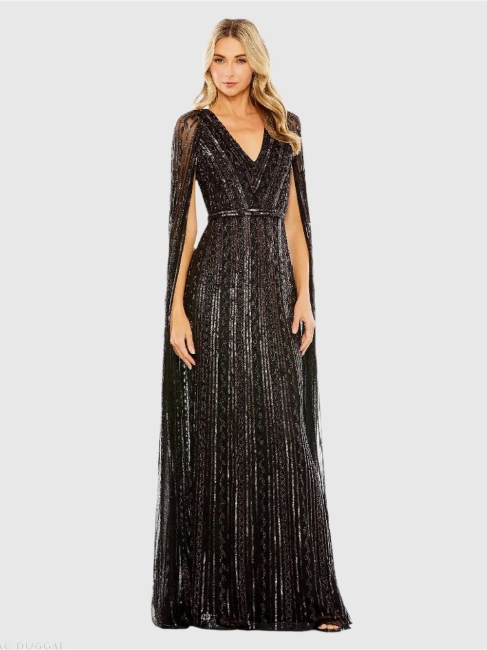 Mac Duggal 5915 Blackberry Black Sequined V-Neck Gown with Cape Sleeves sz 16